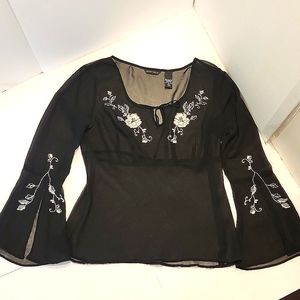 NYC Sheer Black Top/Embroidered Flowers